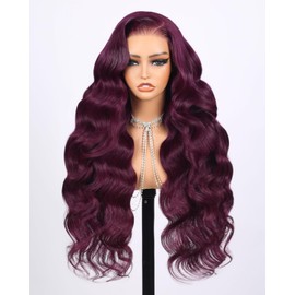 Megalook hair Glueless Wigs Human Hair Pre Plucked Pre Cut 6x5 HD Lace Closure Burgundy Wig Human Hair Glueless Wear and Go Purple Body Wave 99j Burgundy Lace Front Wig 220% Density PLUM 20 Inch