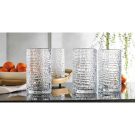 Glaver's Highball Drinking Glasses, Set of 4 Clear 15 Ounce Patent Crackle Design Textured Drinking Glasses Heavy Duty premium Glassware for Everyday Home, Bar use