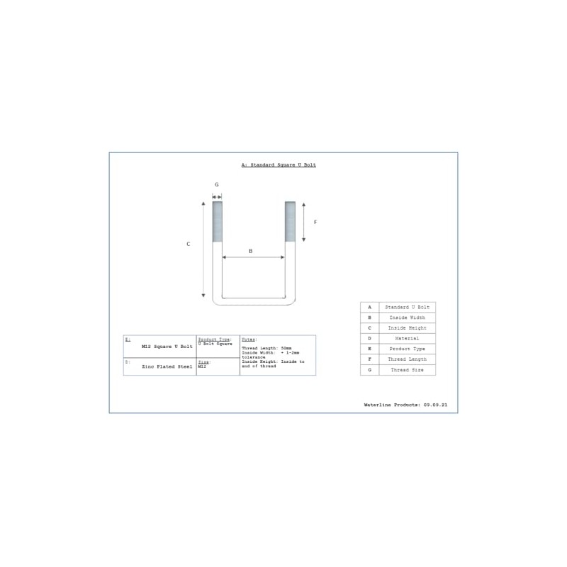 U Bolt Square M12 Thread with Back Plate 50mm Inner
