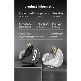 CCA CRA in Ear Earphone, Ultra-thin Diaphragm Dynamic Driver IEM, Clear Sound & Deep Bass, Wired Earbuds with Tangle-Free Removable Cord-White With Mic