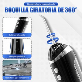 Irrigador Bucal, Irrigador Bucal Inalámbrico Portatil 3 Modos de Limpieza y 4 Puntas IPX7 Impermeable Limpiador de Dientes Recargable por USB para Hogar y Viajes (Negro)