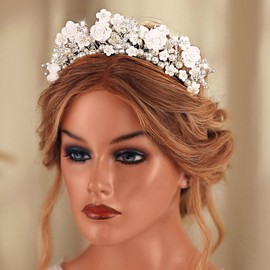 CAKURE Flower Wedding Headband Silver Bridal Hair Band Pearl Floral Headpiece Wedding Hair Accessories for Women