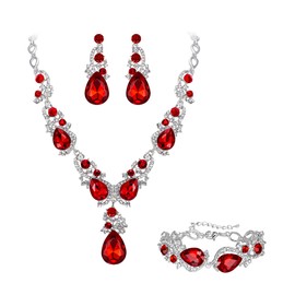 BriLove Bridal Jewellery Set for Wedding Women Multi Teardrop Cluster Crystal Statement Necklace Dangle Earrings Link Bracelet Ruby Color Silver-Tone