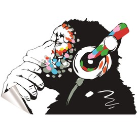 Banksy Vinyl Wall Sticker Monkey with Headphones, Chimpanzee Listening to Music with Headphones, Street Graffities Sticker + Free Sticker Gift, Vinyl, 80 x 55 cm