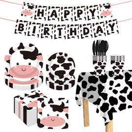 177pcs Cow Theme Birthday Party Decorations Set - Includes Pink & Black Plates, Cups, Napkins, Tablecloth, Banner, Plastic Cutlery (Forks, Knives, Spoons) - Perfect For Cow Print Party Supplies