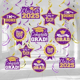 2025 Graduation Party Decorations - 30 Pcs Purple Gold Class of 2025 Congrats Grad Hanging Swirl Ceiling Decor for Home School Classroom Graduation Party Supplies