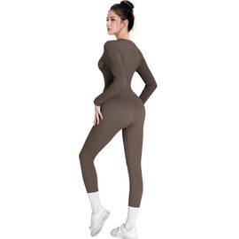 SUUKSESS Women Long Sleeve Ribbed Workout Jumpsuit Seamless One Piece V Neck Button Down Yoga Jumpsuits (Coffee,XL)