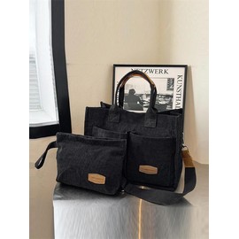 Solid Color/fruit/leopard Summer Fall Tote Bag Set, Tote Bag for Women, Everything Tote Bag for Women & Small Wristlet Bag, Trendy Commuting Work Bag Set, Everyday Bags Back To School, Girlfriend Gifts:_Black_Please Refer To The Pictures for Dimensions