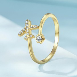 925 Sterling Silver Gold-Plated Ring for Women, Airplane Statement Ring, Adjustable Cuff Eternity Ring, Zirconia, Cubic Zirconia