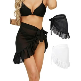 Monbessi 2 PCS Sarong Wrap Beach Women Chiffon Translucent Bikini Cover Up Beach Skirt Lace-up (Black Short + White Short)
