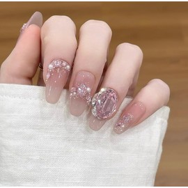 BIBII Nails Handmade Nail Tip, Popular, Korean Popular, Long, Cute Pink, 10 Pieces, Oval, Ultra Thin, 100% Handmade Nails, Press on Nails, 3D Nails, Luxurious, Mass-Produced, Dreamy, Sparkling Stars