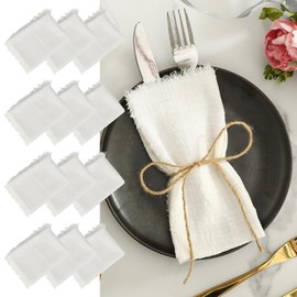 LALAGO Pack of 12 Cloth Napkins 45 x 45 cm, Linen Napkins with Tassels, White Linen Napkins Table Napkins for Table Decoration for Sacramental Christening