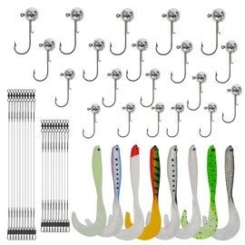 MEIRRAI 48pcs Angelzubehör, 8pcs Gummifische mit Twisterschwanz 12cm 6g, 20pcs Jigköpfe (7g/10g/14g/17g), 20pcs Stahlvorfach Hecht, Angel Zubehör für Salzwasser und Süßwasserfische