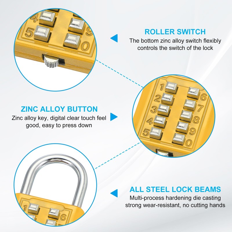 MECCANIXITY Combination Padlock, 10-Digit Push Button Padlock 5-Position Locking Mechanism