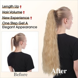 Benehair 32 Inch Ponytail Extension Long Curly Wavy Drawstring Ponytail Hair Extensions Clip in Soft Curly Hair Extensions Synthetic Hair Piece for Women(Light Blonde, 155g)