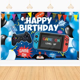 Geluode Fondo de cumpleaños para Videojuegos, Pancarta para Juegos de feliz cumpleaños, Accesorios para Fotos, Videojuegos, decoración de Fiesta de cumpleaños para niños y niñas (6 x 4 pies)
