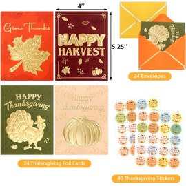 Fancy Land Thanksgiving Greeting Cards 24 Pack 3D Foil Embossed Thanksgiving Cards with Envelopes Fall Pumpkin Turkey Happy Harvest Party Supply