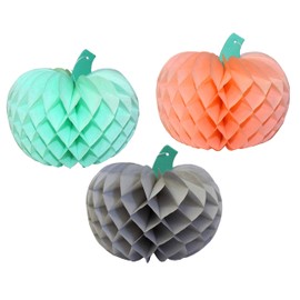 Set of 3 Pastel Themed 10 Inch Honeycomb Paper Pumpkin Decorations (Peach, Mint, Gray)