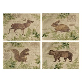 Animals Placemats Set of 4 Vintage Style with Green Plants Table Mats Waterproof Heat Resistant Washable Non-Slip Place Mats for Dinner Room Kitchen Decor Table 12”×16”