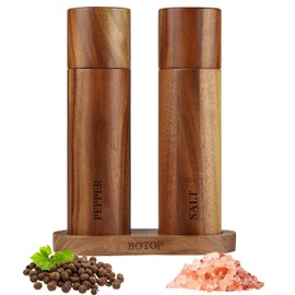 2 Pack Acacia Wood Salt and Pepper Grinder Set with Bases, Refillable Salt and Pepper Mills Adjustable Coarseness, 8 Inches Kitchen Ceramic Core Peppercorn Shaker