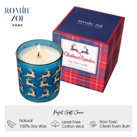 ROMIIE ZOI Christmas Scented Candle - 6oz Soy Wax Candle, Christmas Reindeer, Infused with Peppermint Aroma - Scottish Plaid Navy and Red Gift Box for Holiday Season Gift