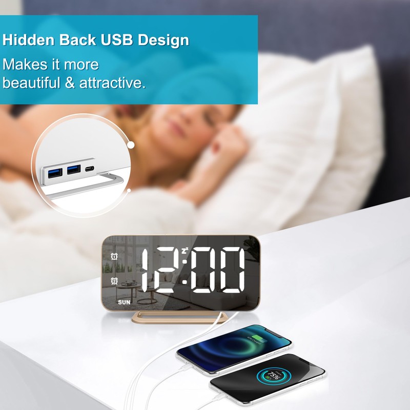 Slim LED Digital Alarm Clock, Mirror Surface for Makeup, with