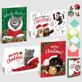 Decorably 16 Pack 5x7in Cat Christmas Cards Boxed with Envelopes and Stickers, 4 Cute Designs Kitty Christmas Cards with Cats with Printed Message Inside
