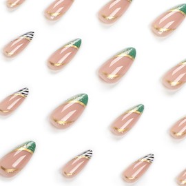 AkiliBIELY Almond Press on Nails French Tip Short Medium White Black Green Gold Pink Fake Nails Women Curve Cute Glue on Nails Acrylic Stick on Nails Fantasy False Nails Wedding Birthday
