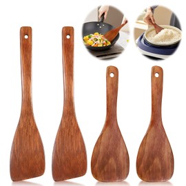 Set of 4 Wooden Spatulas, Kitchen Spatula Set, Wooden Spatula for Cooking, Wooden Spatula, Kitchen with Grain, Long Handle, Non-Stick Wooden Spatula for Wok Pan with Non-Stick Coating