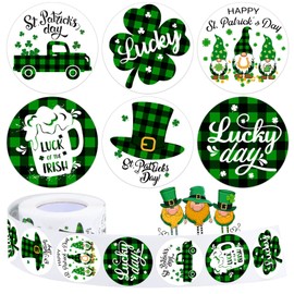 Gersoniel 500 Pieces St. Patrick's Day Stickers Roll Irish Shamrock Beer Lucky Clover Hat Round Irish Self Adhesive Tag Seals Labels for St. Patrick's Day Party Bags Boxes Wrap Cards Bottles Decor 1.5 Inch