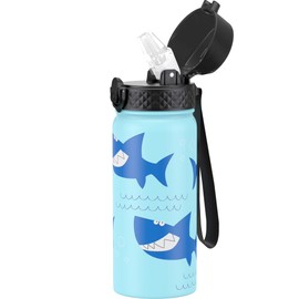 GOPPUS Kids Water Bottle (Straw Lid) - 18 Oz Stainless Steel Travel Bottle, Double Wall Vacuum Leak Proof Kids Cup for School Boys Girls,Iron Shark