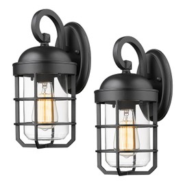 Starcurin Outdoor Wall Light Fixtures for House, Black Outdoor Porch Lights Wall Mount with Clear Glass, Industrial Lantern Cage Exterior Lighting Fixtures for Front Door, Garage, Patio, Set of 2