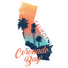Die Cut Sticker Coronado Bay, California, State Abstract, Palm Scene, Vinyl Sticker 3 to 6 inches, (Waterproof Decal for Cars, Water Bottles, Laptops, Coolers), Large