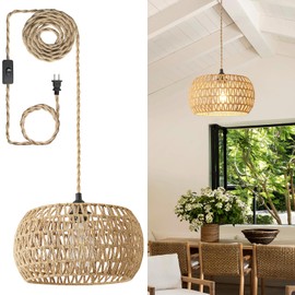 Rattan Boho Hanging Light,12.6'' Natural Hand Woven Fabric Drum Light,Plug Into Wall Outlet Pendant Light Fixture On/Off Switch for Dining,Living Room,Bedroom,Kitchen,Hallway Entryway, Without Bulb