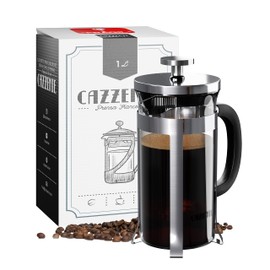 Cazzenie Prensa Francesa de Vidrio con acabado cromado para preparar café o tisana. Cafetera Francesa Briztol disponible en 350 ml (1 Taza), 600 ml (2 Tazas) y 1 lt (3 Tazas). French press. (1 Lt)