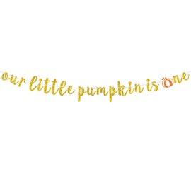 Our Little Pumpkin is One Banner, Pumpkin Happy 1st Birthday Decorations, Fall Autumn First Birthday/Baby Shower Party Decorations Supplies, Gold Glitter