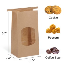 Eupako 3.54x2.36x6.7" Bakery Bags with Window 50 PCS Brown Tin Tie Tab Lock Bags Kraft Paper Bags for Cookies, Coffee, Included 50 PCS Handmade Stickers