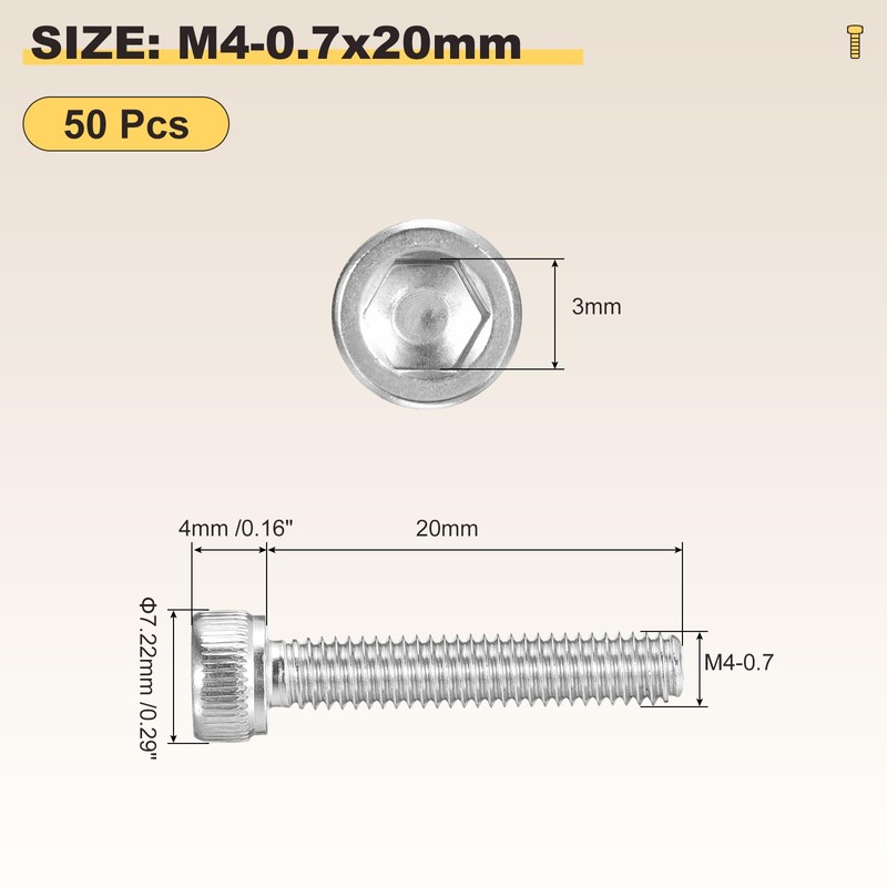 METALLIXITY Socket Head Cap Screw(M4-0.7x20mm)50Pcs, 304 Stainless Steel Allen Socket
