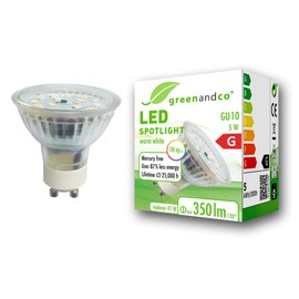 greenandco® CRI90+ LED spotlight replaces 50 Watt GU10 halogen spotlight, 5W, 430 Lumen.