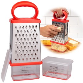 4-Sided Stainless Steel Handheld Box Cheese Grater- 2 Attachable Storage Containers w Built-In Measurements & Lids- Mess-Free Shredder & Slicing- Non-Slip Base w Soft Grip Handle- XMAS Holiday Cooking