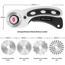 WhisperDream 45mm Rotary Cutter Set - White Rotary Cutter Kit including 45mm Rotary Cutter for Fabric, 8 Replacement Blades, A3 Cutting Mat, 9 inch Sewing Scissors, Ruler, Clips and Tape Measure