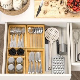 VeyFey Bamboo Drawer Organizer, Set of 9 Wood Kitchen Junk Tea Desk Office Tray, Wooden Storage Boxes Organizers for Bathroom, Office (2" H 9 Boxes)