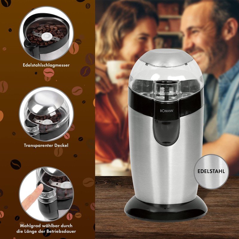 Bomann elektrische Kaffeemühle, Kaffeemühle mit Edelstahlschlagmesser, Fassungsvermögen 40 g, 120-Watt
