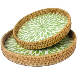 ChumDecor Round Rattan Serving Tray with Mother of Pearl Inlay, Round Rattan Tray, Coffee Table Tray Decor, Elegant Woven Basket, Wicker Tray, Decorative Gifts for Occasion (LEAFTRAY, Set of 2)