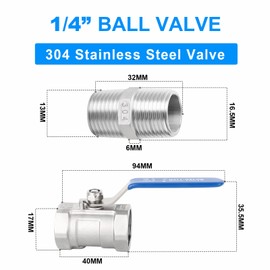 ERGAOBOY 2 Pcs 1/4" Female x 1/4" Female BSP Heavy Duty 304 Stainless Steel Ball Valve with 2 Pcs 1/4" Male Hex Nipple Connectors