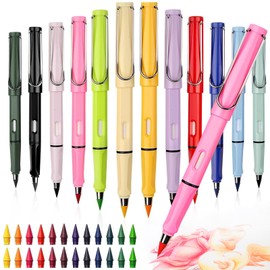 Teouuas Pack of 12 Colourful Eternal Pencils, Inkless Pencils with 24 Interchangeable Tips, Reusable Everlasting Pencil, Infinity Pencil for Writing, Drawing, Painting, Sketching