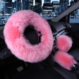 Younglingn Car Steering Wheel Cover Gear Shift Handbrake Fuzzy Cover 1 Set 3 Pcs Multi-Colored with Winter Warm Pure Wool Fashion for Girl Women Ladies Universal Fit Most Car（Pink）