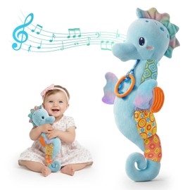 Juguetes para bebés de 0 a 6 meses, juguetes musicales de caballito de mar de peluche para bebés, juguetes sensoriales con colores brillantes, múltiples texturas, sonajeros y papel crujiente, juguete