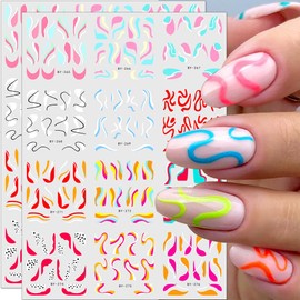 Colorful Wave Lines Nail Stickers for Girls Neon Ribbon Strips Water Transfer Nail Art Stickers for Nail Designs Colored Swirl Lines Water Stickers for Nails Women Nail Decals for Nail Art Supplies