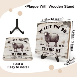 He Left the 99 to Rescue Me Christian Desk Sign – Jesus and Lost Sheep Wooden Plaque, Table Decor for Home, Office or Prayer Room 5.9x5.9inch (MATTHOW 18:12-14)